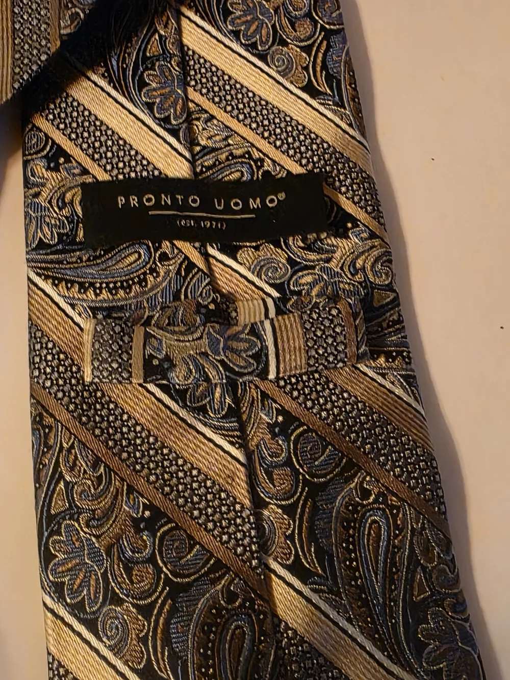 Classic Striped Paisley Men's Tie in Blue and Gold